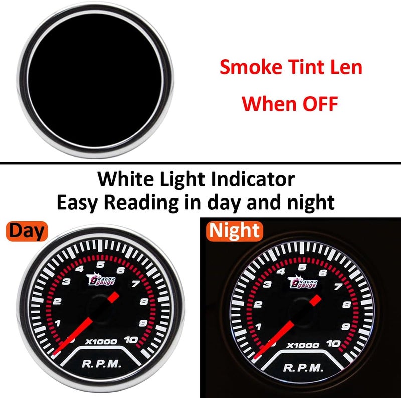 LKRXW Car Tacho Gauge 2" 52mm Auto Tachometer Gauge Meter Universal RPM Pointer Gauges 12V Bright Light Indicator Speedmeter Meter Smoke Len 0 to 10000 RPM - Image 5